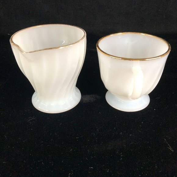 Fire King 3 Creamer 1 Sugar Bowl 2 Berry Set White Gold Swirl Anchor Hocking - Picture 6 of 12